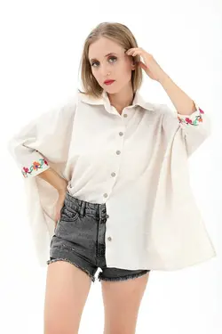 پیراهن کتان آستین خفاشی چاک دار قلاب دوزی شده سنگی زنانه برند VAPUR کد 1686578332