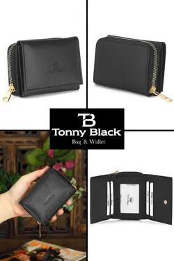 کیف پول جا کارتی کاغذی قسمته سکه چند چشمه‎دار زیپدار &amp; چرم زنانه اصل برند Tonny Black کد 1686744075