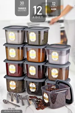 ست‎ادویه ست 12تکه 550میلی لیتر 12عدد خاکستری آنتراسیت ظرف ادویه قاشق دار برند Kitchen Life کد 1686821322