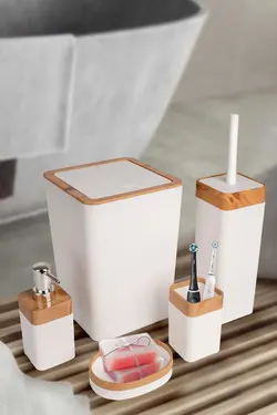 ست سرویس بهداشتی چوب استیل مربع 5تکه سفید روکش برند Violet کد 1686979673