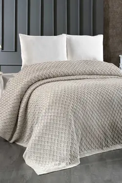 روانداز تخت خواب پتو بافتنی پلی استر آکریلیک کامل دو‎نفره بژ 240x220cm برند Evlen Home کد 1687064595