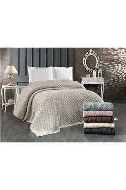 روانداز تخت خواب پتو بافتنی پلی استر آکریلیک کامل دو‎نفره بژ 240x220cm برند Evlen Home کد 1687064595