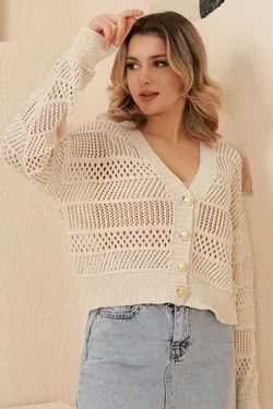 بافتنی کرم دکمه‎دار سوراخ‎دار تابستانی زنانه برند VEGENZE کد 1687150585