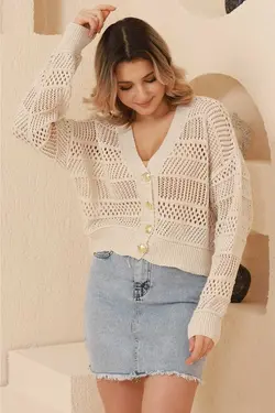 بافتنی کرم دکمه‎دار سوراخ‎دار تابستانی زنانه برند VEGENZE کد 1687150585