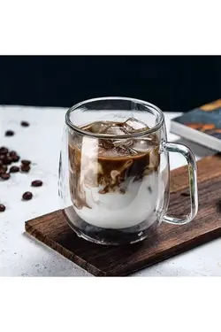 ست فنجان لیوان جداره شیشه ای دسته دار طبقه قلاب دوزی 300میلی لیتر برند Lilya Home کد 1687331230