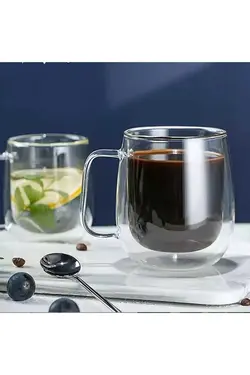 ست فنجان لیوان جداره شیشه ای دسته دار طبقه قلاب دوزی 300میلی لیتر برند Lilya Home کد 1687331230