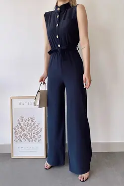 سرهمی جیب دار ساده پارچه بلند تک طرح یقه ایستاده بدون آستین سرمه ای کمربند زنانه برند New Laviva کد 1688407521