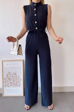 سرهمی جیب دار ساده پارچه بلند تک طرح یقه ایستاده بدون آستین سرمه ای کمربند زنانه برند New Laviva کد 1688407521