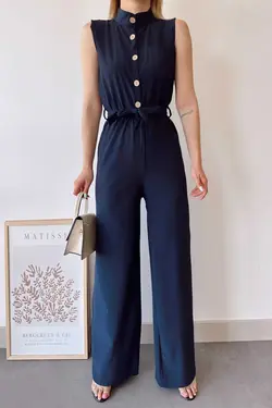 سرهمی جیب دار ساده پارچه بلند تک طرح یقه ایستاده بدون آستین سرمه ای کمربند زنانه برند New Laviva کد 1688407521