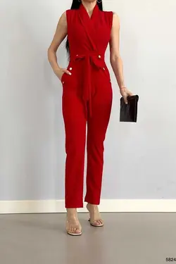 سرهمی دکمه‎دار پارچه کرپ طلایی قرمز کمربند دار برند Deafox کد 1688318129