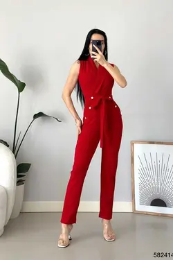 سرهمی دکمه‎دار پارچه کرپ طلایی قرمز کمربند دار برند Deafox کد 1688318129