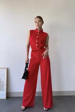 سرهمی ساده بلند تک جیب یقه ایستاده قرمز کمربند دار بدون آستین، زنانه برند New Laviva کد 1688317835