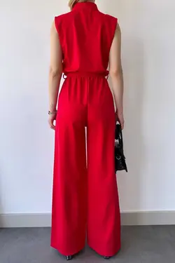 سرهمی ساده بلند تک جیب یقه ایستاده قرمز کمربند دار بدون آستین، زنانه برند New Laviva کد 1688317835