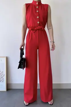 سرهمی ساده بلند تک جیب یقه ایستاده قرمز کمربند دار بدون آستین، زنانه برند New Laviva کد 1688317835