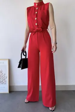 سرهمی ساده بلند تک جیب یقه ایستاده قرمز کمربند دار بدون آستین، زنانه برند New Laviva کد 1688317835