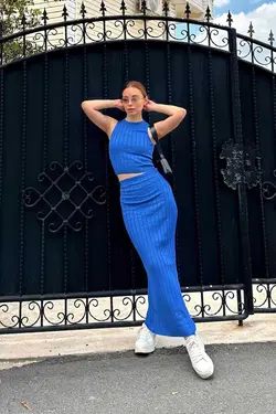 ست لباس بافتنی دامن کلفت آبی زنانه برند Swist کد 1688626894
