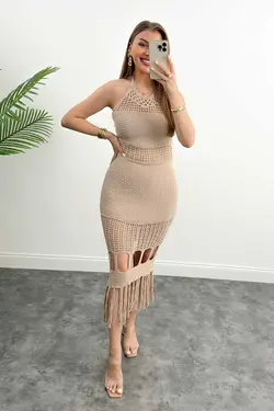 پیراهن بافتنی مدادی با کیفیت مدل توری لوکس بژ برند Didem Butik کد 1688820450