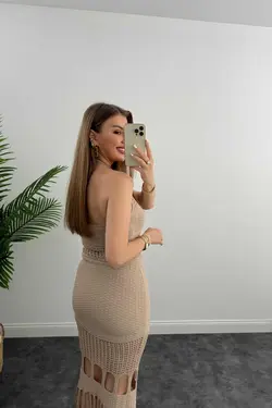 پیراهن بافتنی مدادی با کیفیت مدل توری لوکس بژ برند Didem Butik کد 1688820450