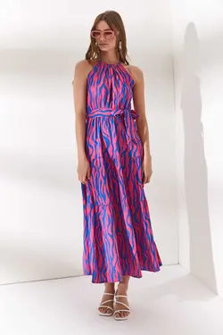 پیراهن ویسکو بافته شده یقه گورخری سرخابی کمربند دار زنانه برند Olalook کد 1689138160