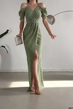 پیراهن پارچه کرپ کمربند‎دار چاک دار یقه هفت نعنایی رنگ برند Deafox کد 1689442719