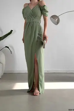 پیراهن پارچه کرپ کمربند‎دار چاک دار یقه هفت نعنایی رنگ برند Deafox کد 1689442719