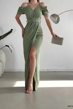 پیراهن پارچه کرپ کمربند‎دار چاک دار یقه هفت نعنایی رنگ برند Deafox کد 1689442719