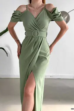 پیراهن پارچه کرپ کمربند‎دار چاک دار یقه هفت نعنایی رنگ برند Deafox کد 1689442719