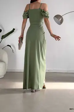 پیراهن پارچه کرپ کمربند‎دار چاک دار یقه هفت نعنایی رنگ برند Deafox کد 1689442719