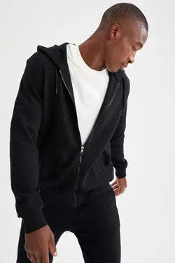 سوییشرت زیپدار کلاهدار متناسب مردانه آستین بلند مشکی برند Defacto کد 1647274133