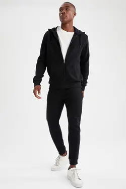 سوییشرت زیپدار کلاهدار متناسب مردانه آستین بلند مشکی برند Defacto کد 1647274133