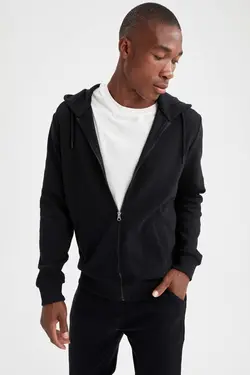 سوییشرت زیپدار کلاهدار متناسب مردانه آستین بلند مشکی برند Defacto کد 1647274133