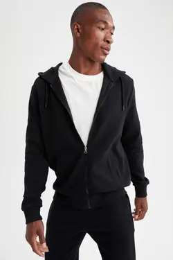 سوییشرت زیپدار کلاهدار متناسب مردانه آستین بلند مشکی برند Defacto کد 1647274133