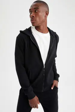 سوییشرت زیپدار کلاهدار متناسب مردانه آستین بلند مشکی برند Defacto کد 1647274133