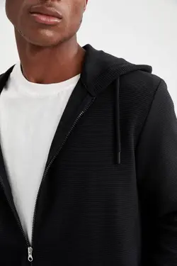 سوییشرت زیپدار کلاهدار متناسب مردانه آستین بلند مشکی برند Defacto کد 1647274133