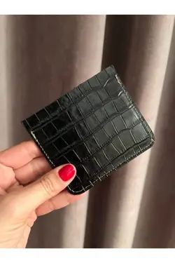 کیف پول جا کارتی مات چرم اصل کرکدیلی مدل مشکی &amp; کلمه ای برند Pinkylola کد 1647134168