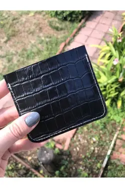 کیف پول جا کارتی مات چرم اصل کرکدیلی مدل مشکی &amp; کلمه ای برند Pinkylola کد 1647134168