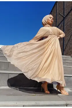 لباس مجلسی پوشیده اکریلیکی نارنجی کرم سالمون کمربند دار برند CNG MODA کد 1646879841