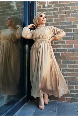 لباس مجلسی پوشیده اکریلیکی نارنجی کرم سالمون کمربند دار برند CNG MODA کد 1646879841