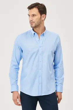 پیراهن دکمه‎دار برش اسلیم فیت مردانه 100پنبه یقه آبی قالب تنگ برند Altınyıldız Classics کد 1646130334