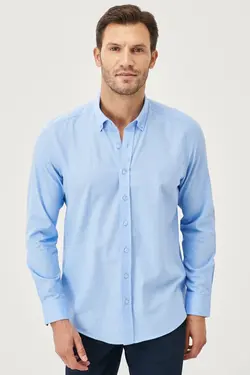پیراهن دکمه‎دار برش اسلیم فیت مردانه 100پنبه یقه آبی قالب تنگ برند Altınyıldız Classics کد 1646130334