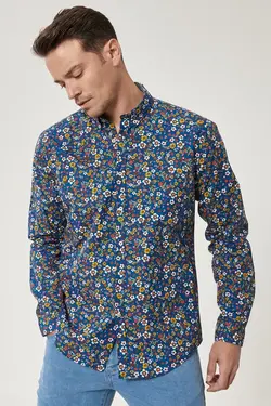 پیراهن دکمه‎دار اسلیم فیت مردانه 100پنبه یقه چاپی آبی-زرد برند Altınyıldız Classics کد 1646130303