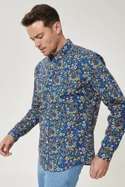 پیراهن دکمه‎دار اسلیم فیت مردانه 100پنبه یقه چاپی آبی-زرد برند Altınyıldız Classics کد 1646130303