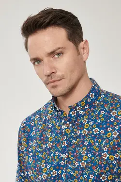 پیراهن دکمه‎دار اسلیم فیت مردانه 100پنبه یقه چاپی آبی-زرد برند Altınyıldız Classics کد 1646130303