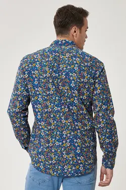 پیراهن دکمه‎دار اسلیم فیت مردانه 100پنبه یقه چاپی آبی-زرد برند Altınyıldız Classics کد 1646130303