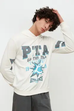 سوییشرت کلاهدار متناسب مردانه چاپی آستین بلند شیری برند TRENDYOL MAN کد 1645805449