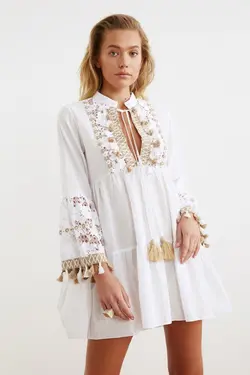 رو مایوای طرح‎دار قلاب دوزی شده سفید پارچه نازک ریش دار برند TRENDYOLMİLLA کد 1645546805