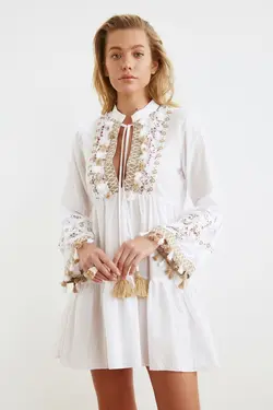 رو مایوای طرح‎دار قلاب دوزی شده سفید پارچه نازک ریش دار برند TRENDYOLMİLLA کد 1645546805