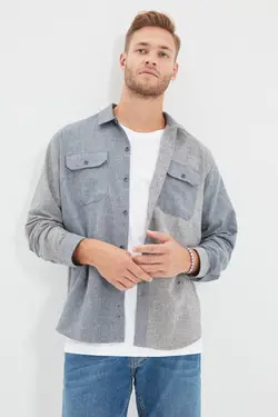 پیراهن ست مردانه یقه جیب‌دار Relax رنگ طوسی برند TRENDYOL MAN کد 1645298408