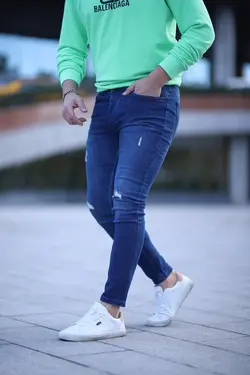 شلوار جین برش اسلیم فیت مردانه طرح‎دار آبی قالب تنگ برند OHEPMODA کد 1643441374