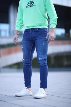 شلوار جین برش اسلیم فیت مردانه طرح‎دار آبی قالب تنگ برند OHEPMODA کد 1643441374